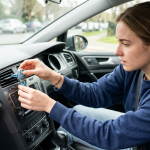 Woman placing a blue clip-on air freshener on a car dashboard air vent