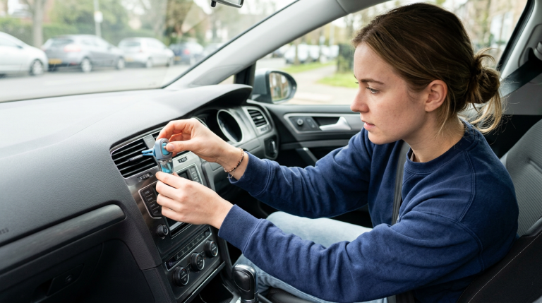 Woman placing a blue clip-on air freshener on a car dashboard air vent