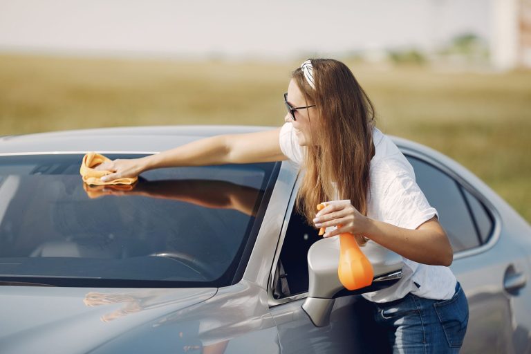 smiling young woman wiping automobile in countryside during car travel