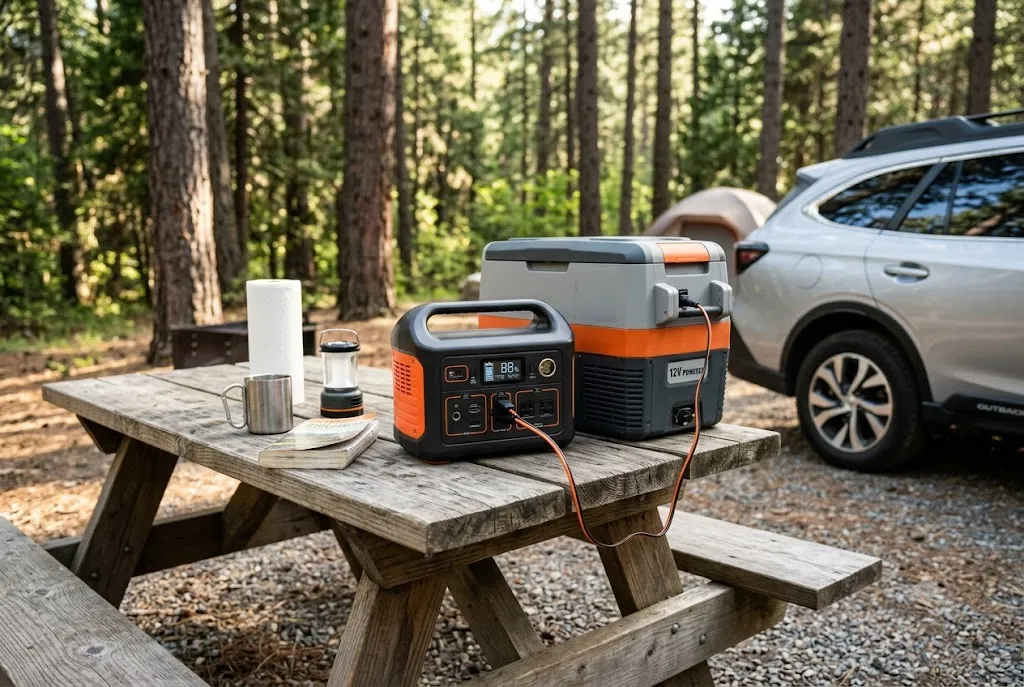 A portable power station sitting next to a 12V car cooler on a picnic table at a campsite.