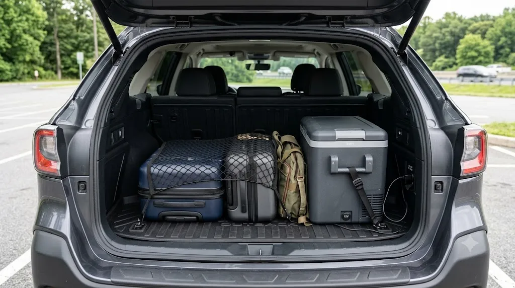 A 12V portable car cooler plugged into the trunk of a rental SUV packed for a road trip.