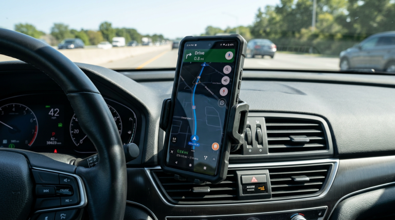 Smartphone showing GPS navigation on a map mounted on car dashboard air vent