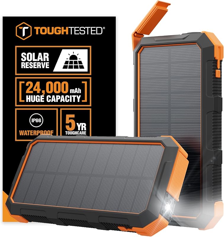 ToughTested 24000mAh Solar Power Bank with LED Flashlight, Waterproof, Dustproof, Shockproof