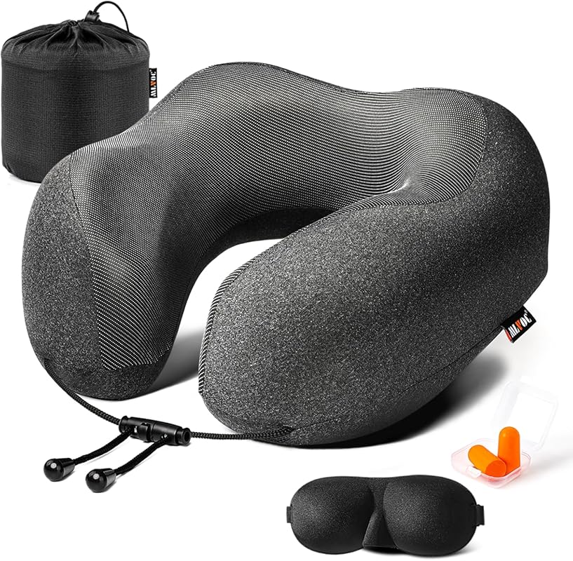 MLVOC Memory Foam Travel Neck Pillow with Eye Mask, Earplugs, and Carry Bag