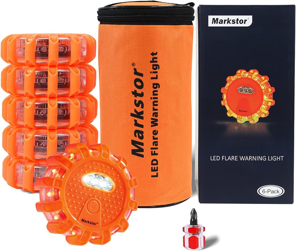 6-Pack LED Road Flare Warning Lights, Battery-Powered Emergency Roadside Safety Beacons