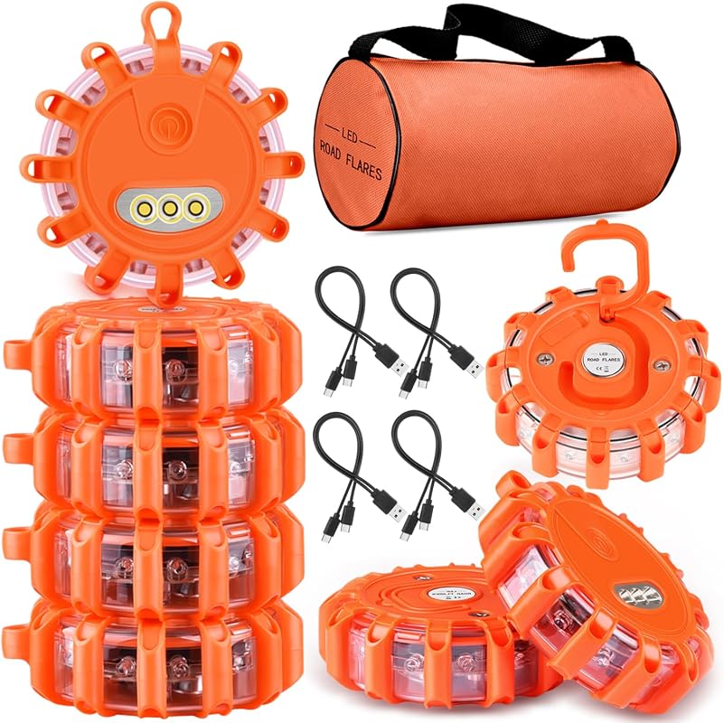Tobfit 8-Pack USB-C Rechargeable LED Road Flares, Magnetic Emergency Lights with Carrying Bag