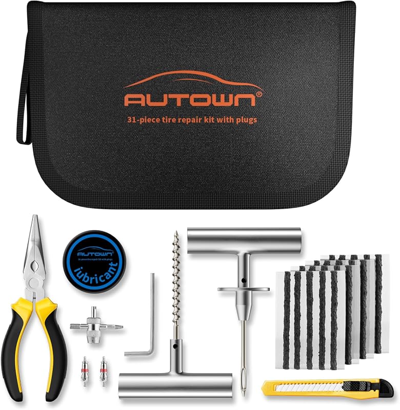 AUTOWN 31-Piece Flat Tire Repair Kit for Cars, Motorcycles, ATVs, Jeeps, and Trucks