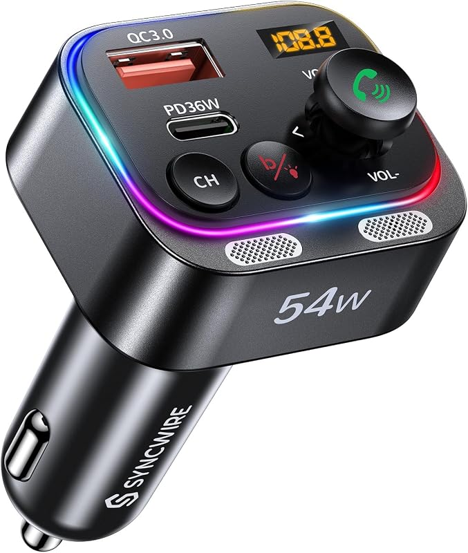 Syncwire Bluetooth 5.4 FM Transmitter Car Adapter 54W with Dual Mics, HiFi Bass, LED Display