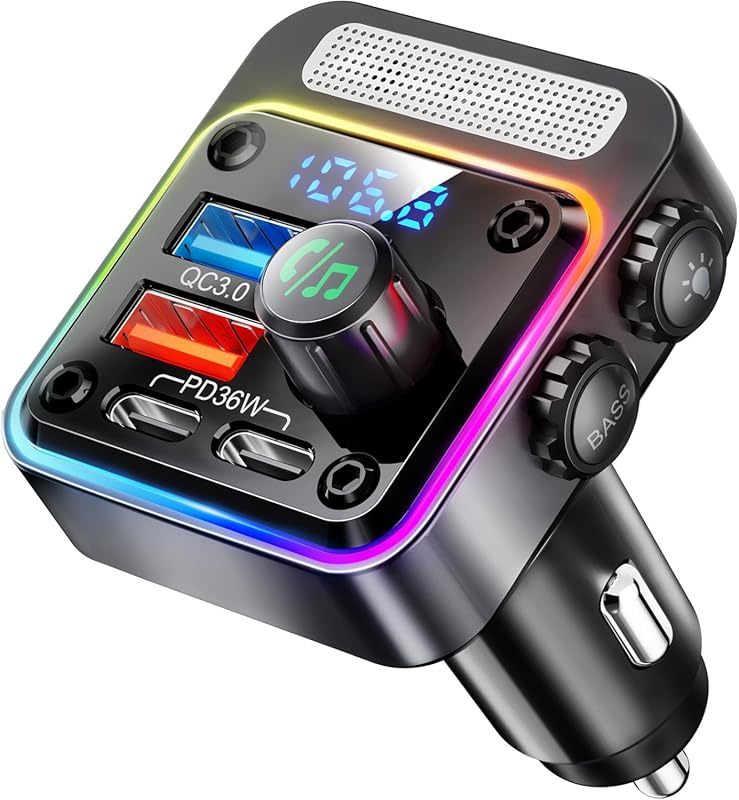 Nulaxy 54W Bluetooth 5.3 Car Charger FM Transmitter with 4 Ports, Deep Bass, LED Backlight