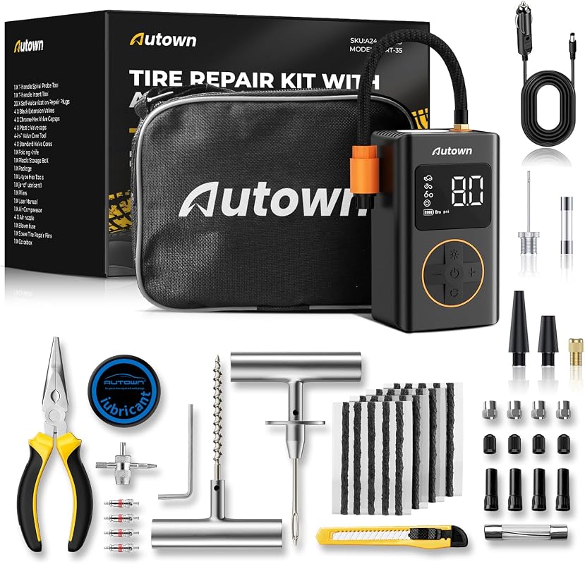 AUTOWN 54-Piece Tire Repair Kit with 120PSI Air Compressor, Auto-Stop, and LED