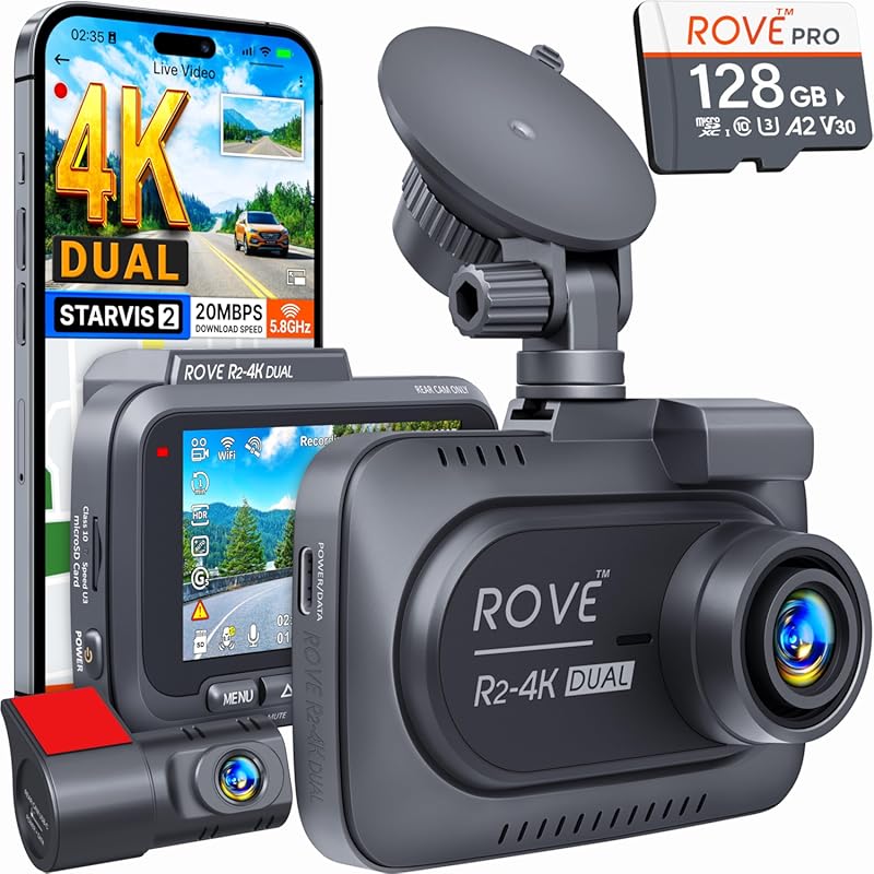 ROVE R2-4K DUAL Dash Cam with STARVIS 2, 128GB Card, 5G WiFi