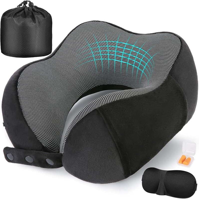 Cirorld Memory Foam Travel Neck Pillow with Eye Mask, Earplugs, and Carry Bag