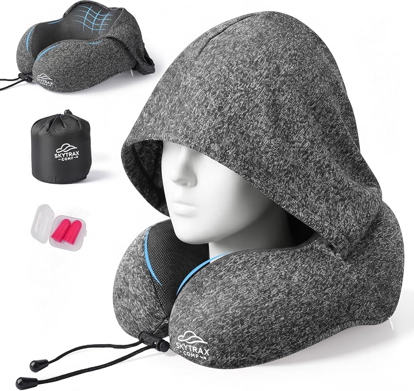 SkytraxComf Memory Foam Travel Neck Pillow with Hood, Chin Support, and Earplugs