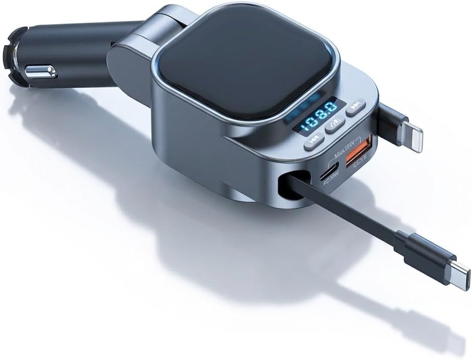 Bluetooth 5.3 96W FM Transmitter Car Adapter with Retractable Charger, Dual Cables, Auto-Reconnect