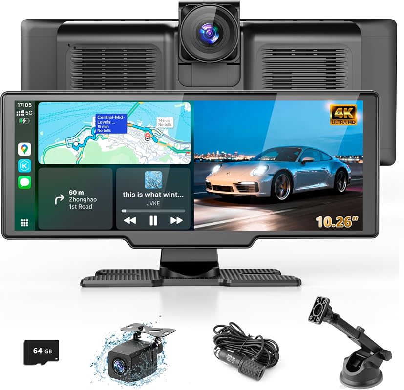 Lehwey Portable Wireless CarPlay Screen with 4K Dash Cam and Rear Camera