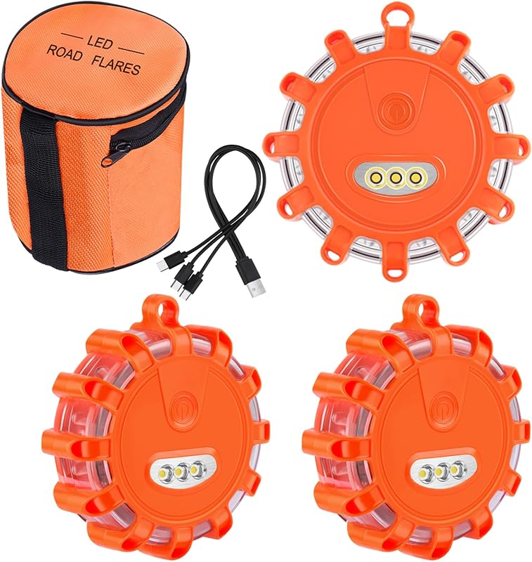 USB Rechargeable LED Road Flares, Magnetic 9-Mode Emergency Warning Lights for Vehicles and Boats