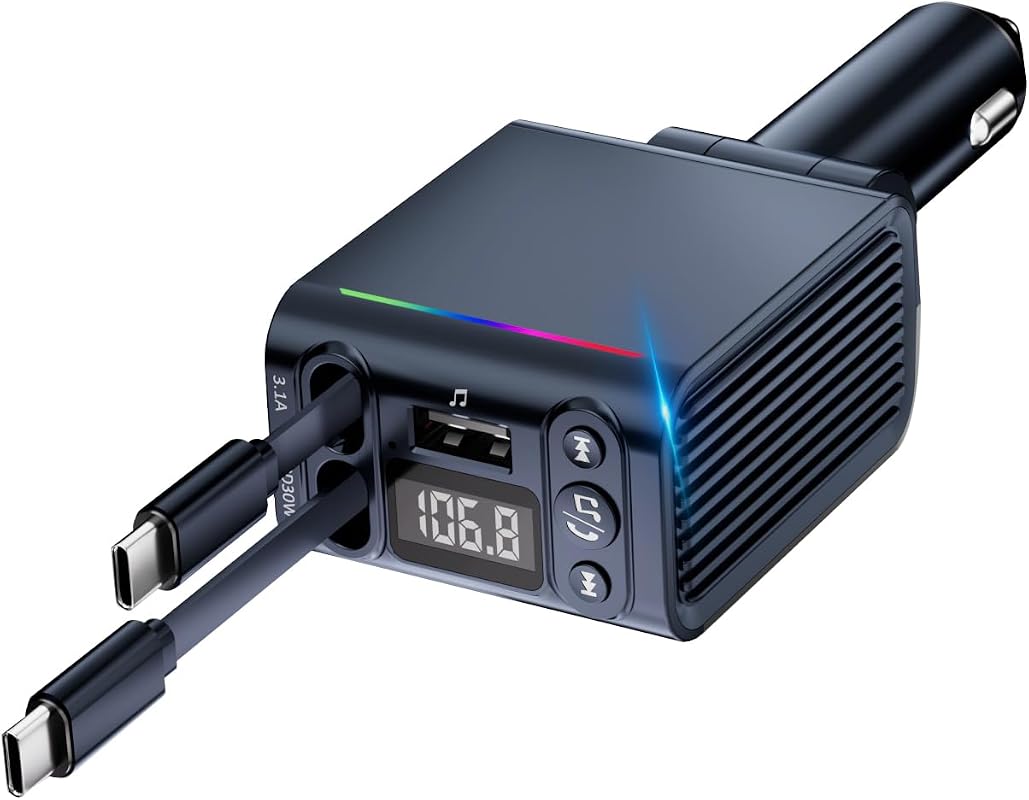 45W Bluetooth Car FM Transmitter with PD 30W QC 3.0, Retractable Charger, Hands-Free Calling
