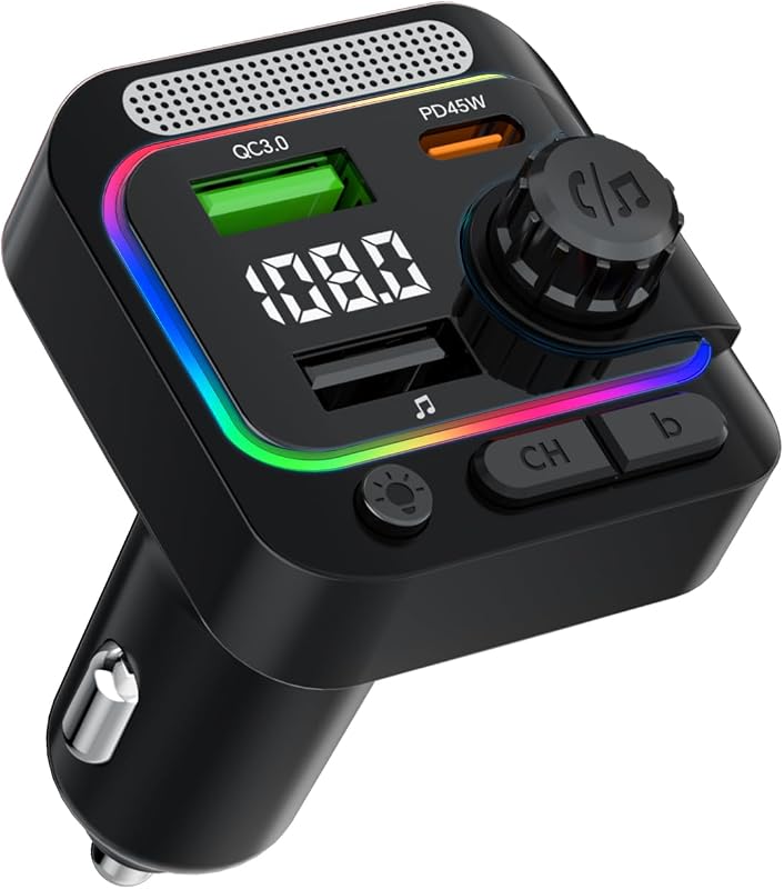 63W Bluetooth Car FM Transmitter with PD 45W QC 3.0, Deep Bass, Hands-Free Calling