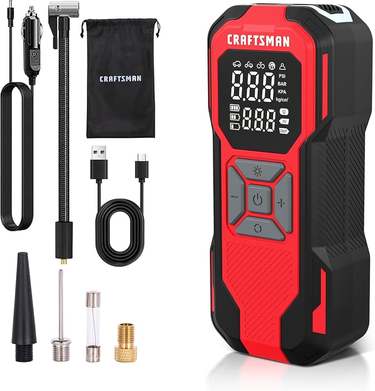 CRAFTSMAN Cordless Tire Inflator with Digital Gauge, 6000mAh Battery and 12V DC