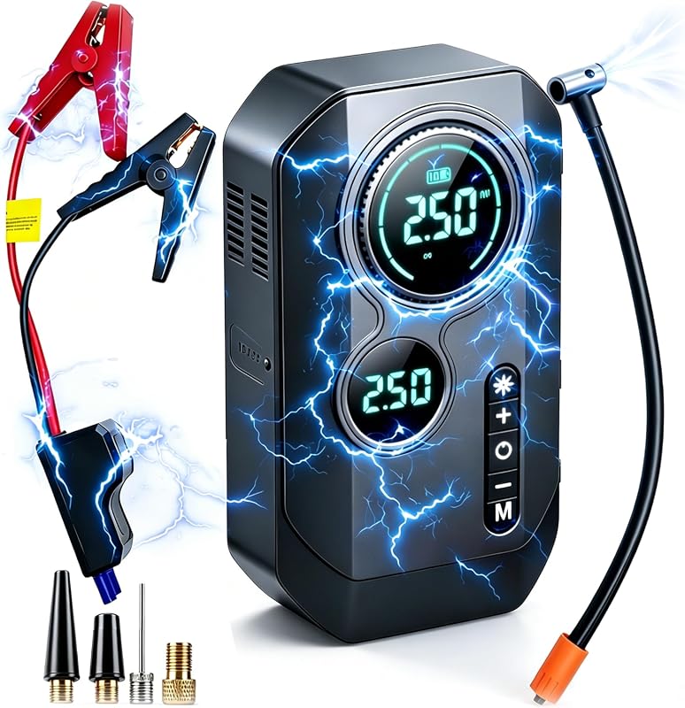 Portable car battery jump starter with built-in air compressor