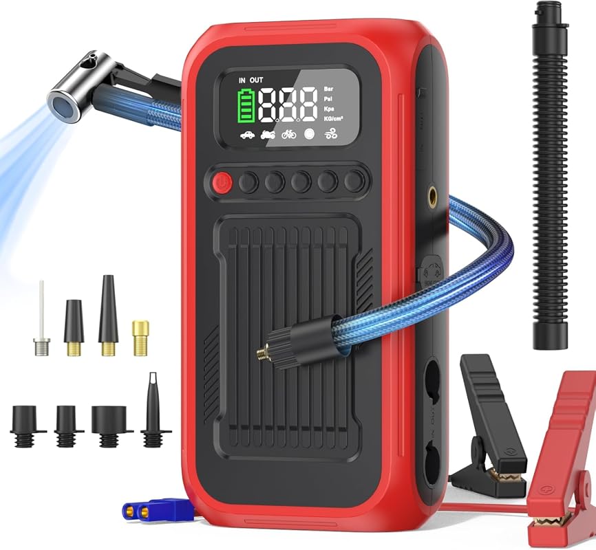 Portable tire inflator air compressor and 12V car jump starter