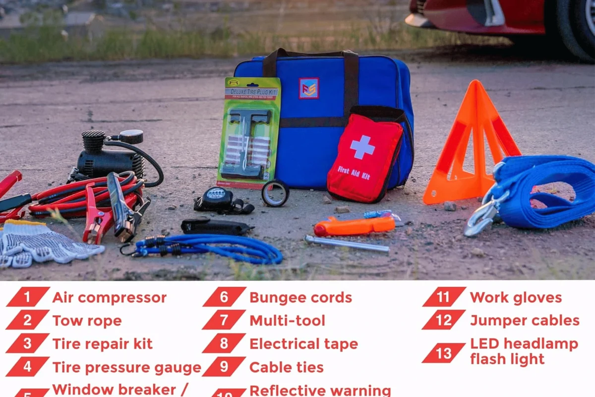 Lithium jump starter next to a rental car battery in an airport parking lot